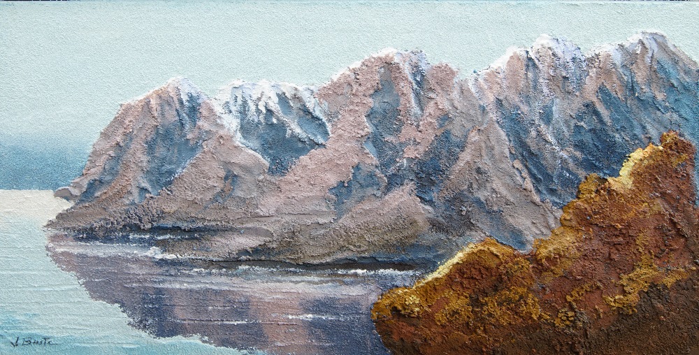J Buste, Spanish b.1945- Coastal landscape with mountains; oil and mixed media on canvas, signed 'J.