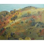 Modern British School, Hilly landscape with trees; oil on board, bears label for Sherbourne (
