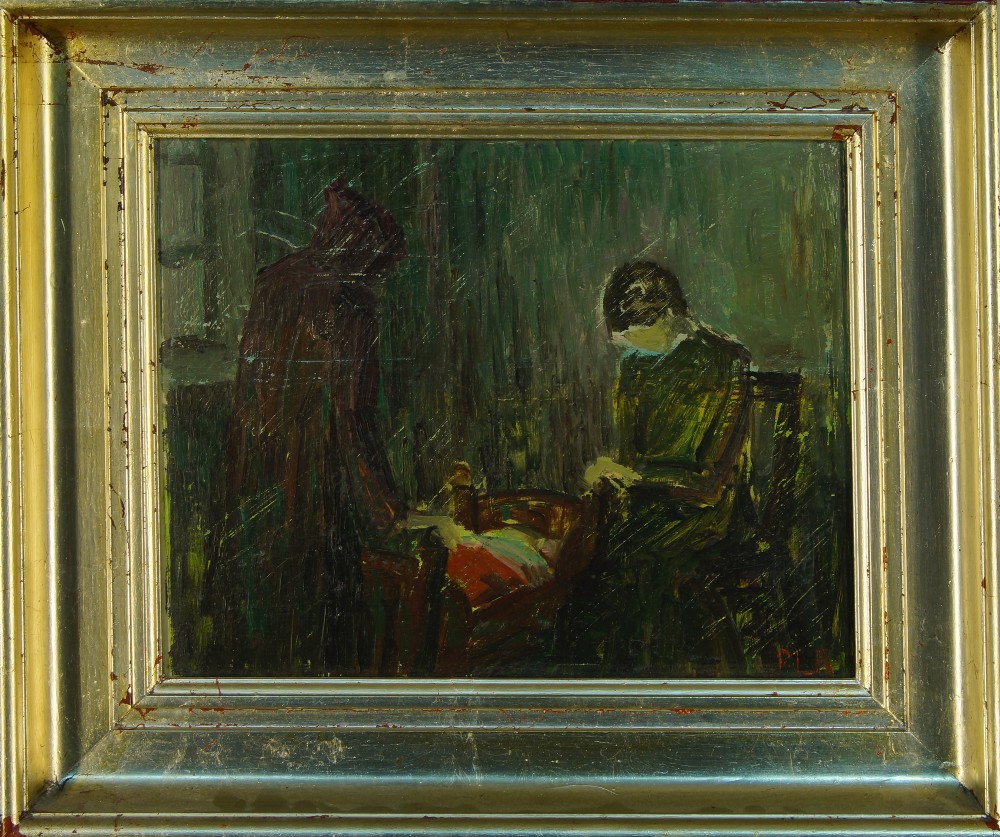 Danish School, early-mid-20th century- Mother by a cot in an interior; oil on board, signed with - Image 2 of 4