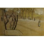 European School, late 19th century- Figures promenading in a park; black and coloured chalk on brown