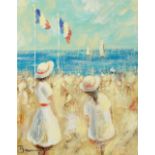 Walter Beauvais, British 1942-1998- Two girls at the beach; oil on canvas board, signed lower