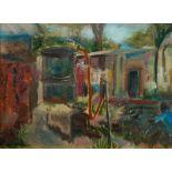 European School, mid/late 20th century- Figure seated outside cottages; oil on canvasboard, 20 x