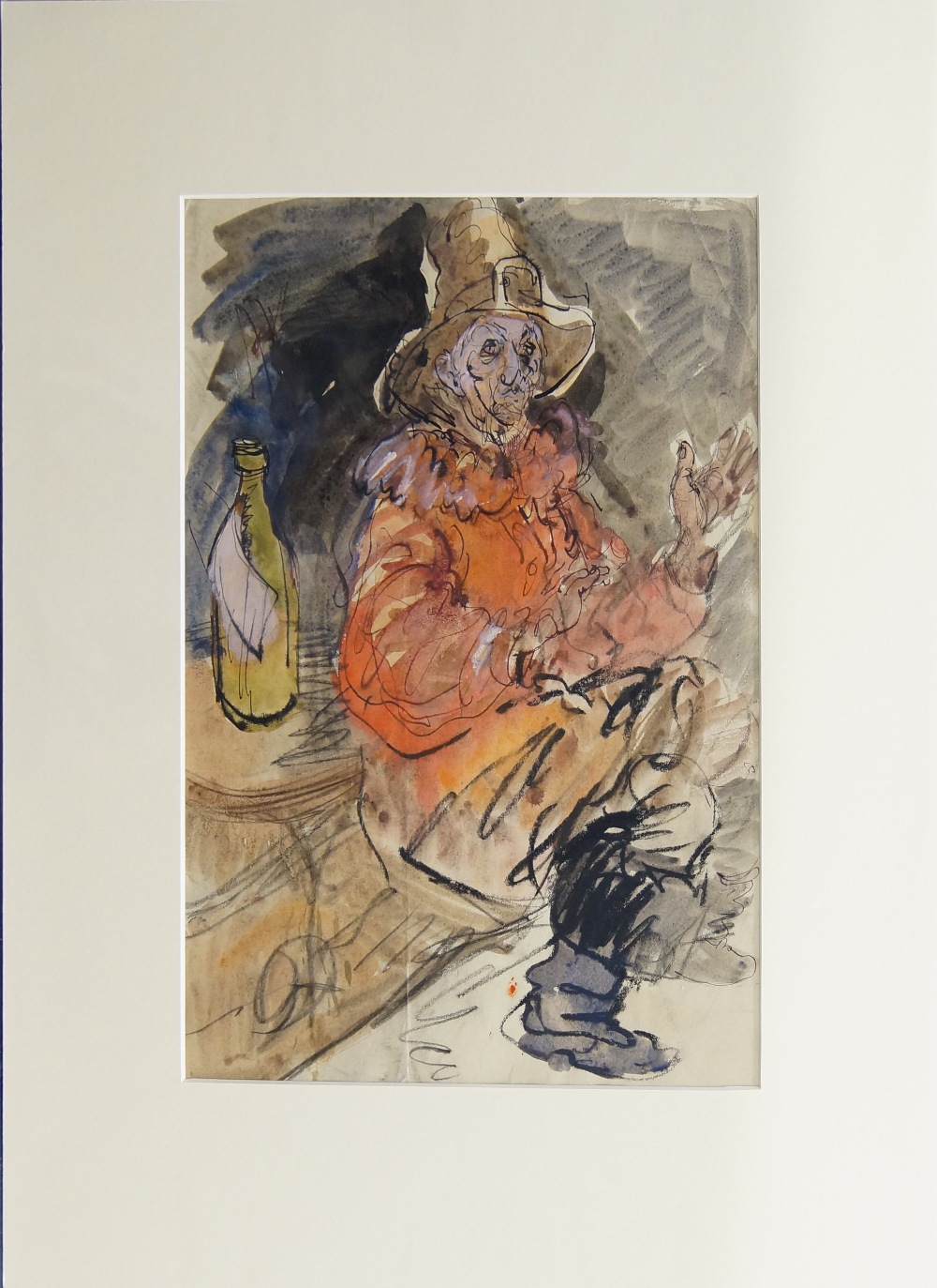 William D. Clyne, Scottish 1922–1981- Study of a seated man with a hat and a ruff; pen, black ink, - Image 2 of 2