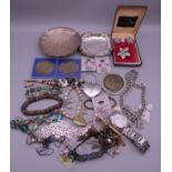 A bag of costume jewellery, silver, etc.