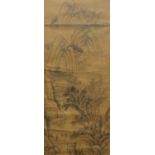 A 19th century Chinese silk scroll depicting Figures in a Mountainous Landscape, framed and glazed.