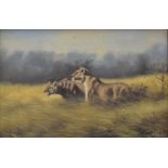 W NDWIGA (Kenya) 1970's, The Lionesses Hunting, oil on canvas, framed. 44.5 x 29.5 cm.