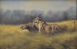 W NDWIGA (Kenya) 1970's, The Lionesses Hunting, oil on canvas, framed. 44.5 x 29.5 cm.