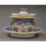 A 19th century porcelain lidded tureen on stand. 14 cm high, stand 23 cm diameter.