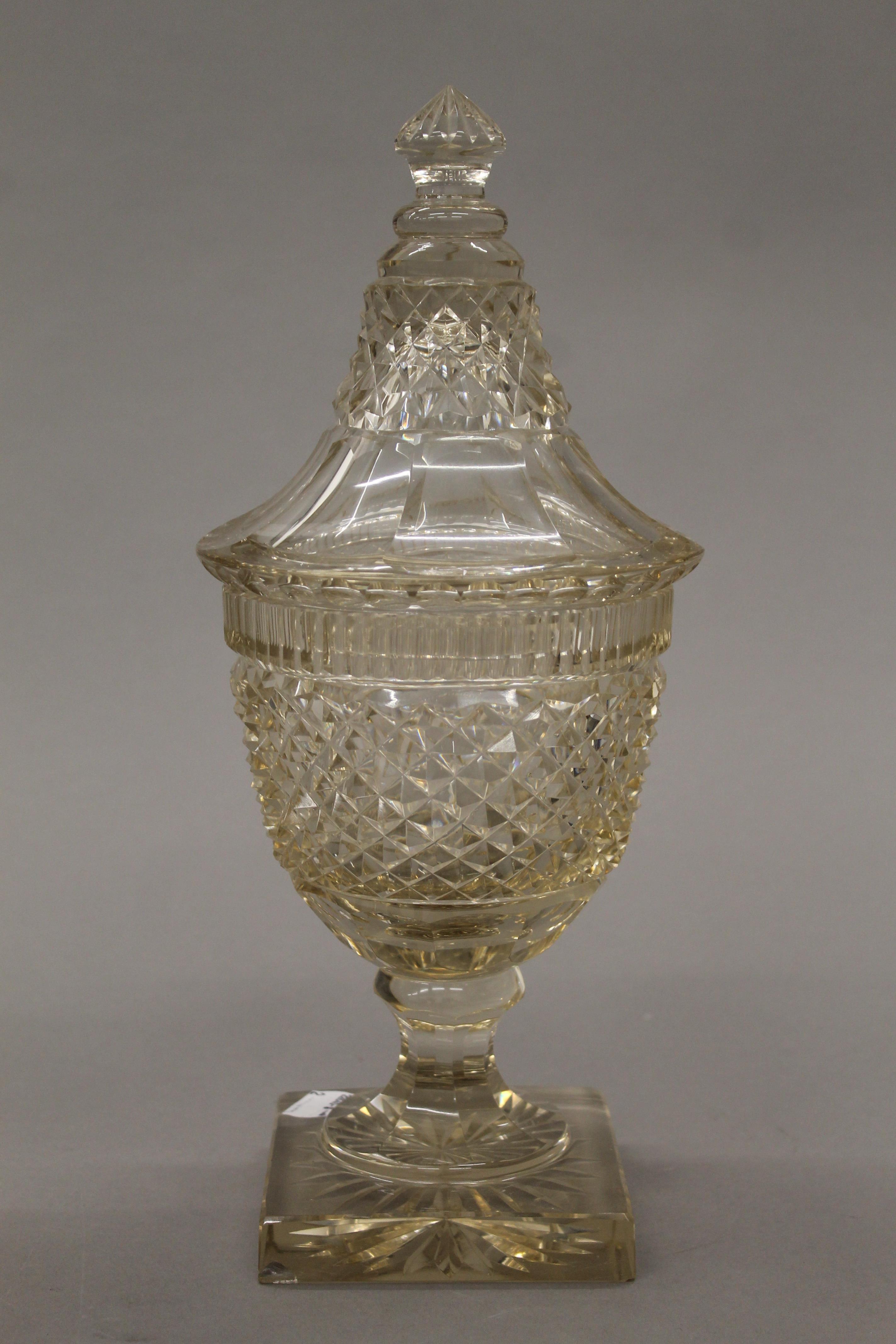 A pair of 19th century cut glass lidded vases, possibly Irish. 31 cm high. - Image 2 of 6