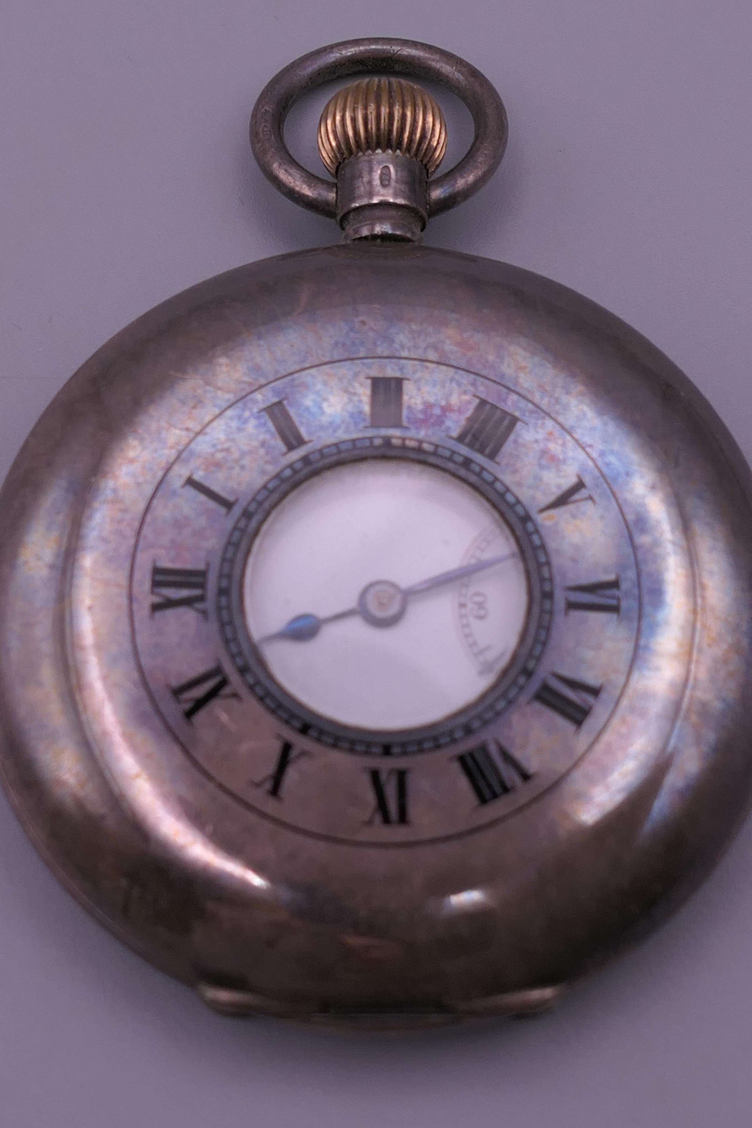 A silver pocket watch, a silver fob watch and a plated pocket watch. - Image 10 of 16