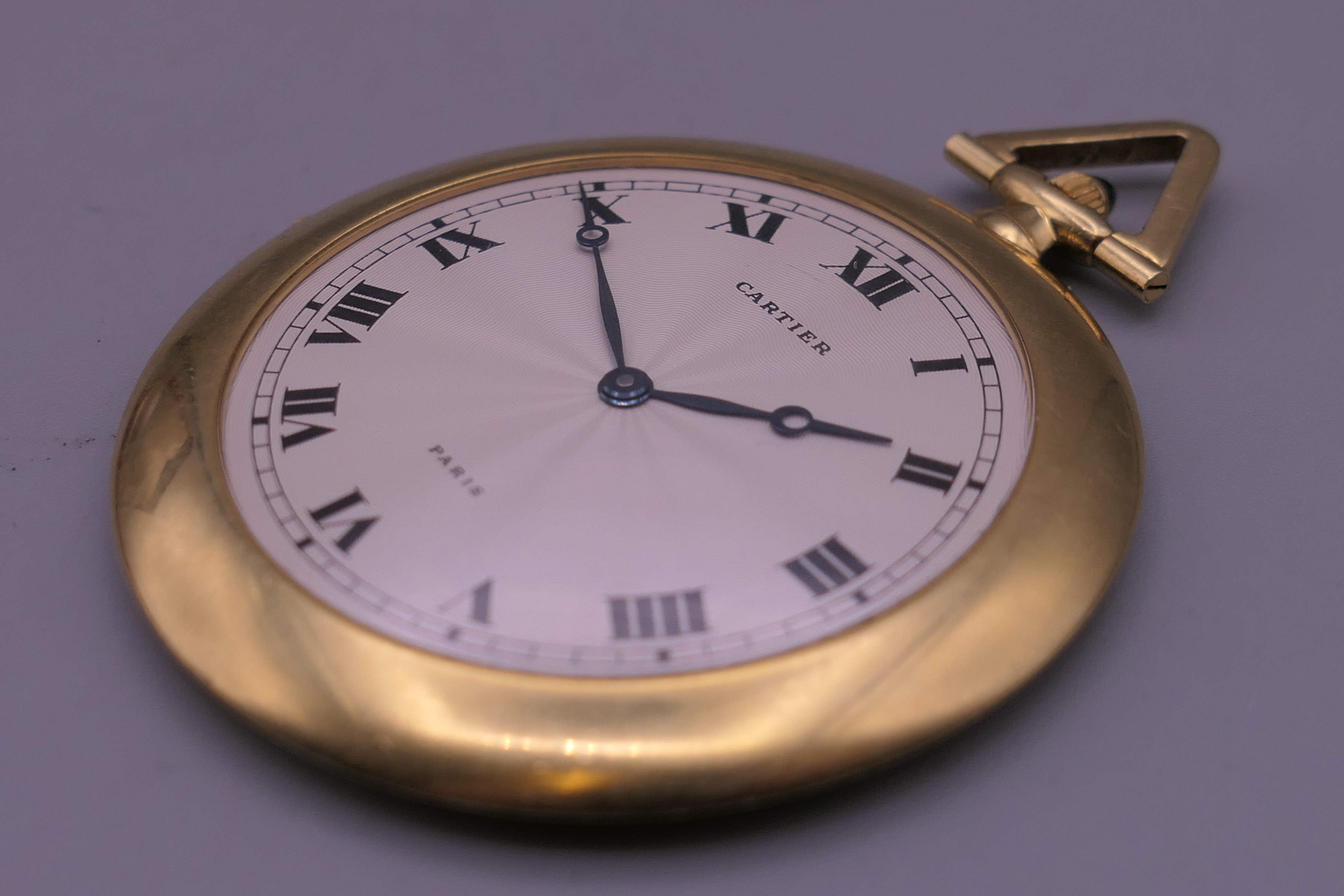 A Cartier 18 K gold open face keyless lever pocket watch, in Cartier box. 5 cm diameter. - Image 9 of 11