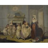 A Victorian print of A Governess with Children with Tumbled Table and Spilt Ink,