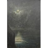 19th CENTURY, Ducks on the Sea at Moonlight, oil on board, framed. 23 x 33.5 cm.