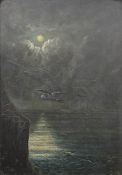 19th CENTURY, Ducks on the Sea at Moonlight, oil on board, framed. 23 x 33.5 cm.