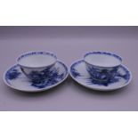 Two Nanking Cargo Chinese blue and white porcelain tea bowls and saucers.
