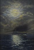 S M SEWELL (20TH CENTURY), Battleship in a Moonlit Sea, oil on canvas, framed. 39.5 x 60 cm.