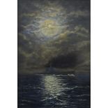 S M SEWELL (20TH CENTURY), Battleship in a Moonlit Sea, oil on canvas, framed. 39.5 x 60 cm.