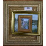 Three small paintings, each initialled SB, Couple on a Country Path, framed (8 x 10.