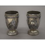 A pair of Danish shot cups decorated with ships. 6 cm high.