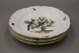 Three Meissen porcelain plates painted with birds and insects. 23 cm diameter.