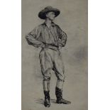 A late 19th/early 20th century pen drawing of an Australian Drover, unsigned. 22.5 x 39 cm.