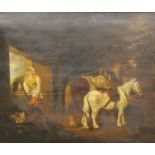 After GEORGE MORLAND, Figures and Horses in a Stable, oil on panel, framed. 61.5 x 52 cm.