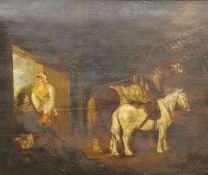 After GEORGE MORLAND, Figures and Horses in a Stable, oil on panel, framed. 61.5 x 52 cm.