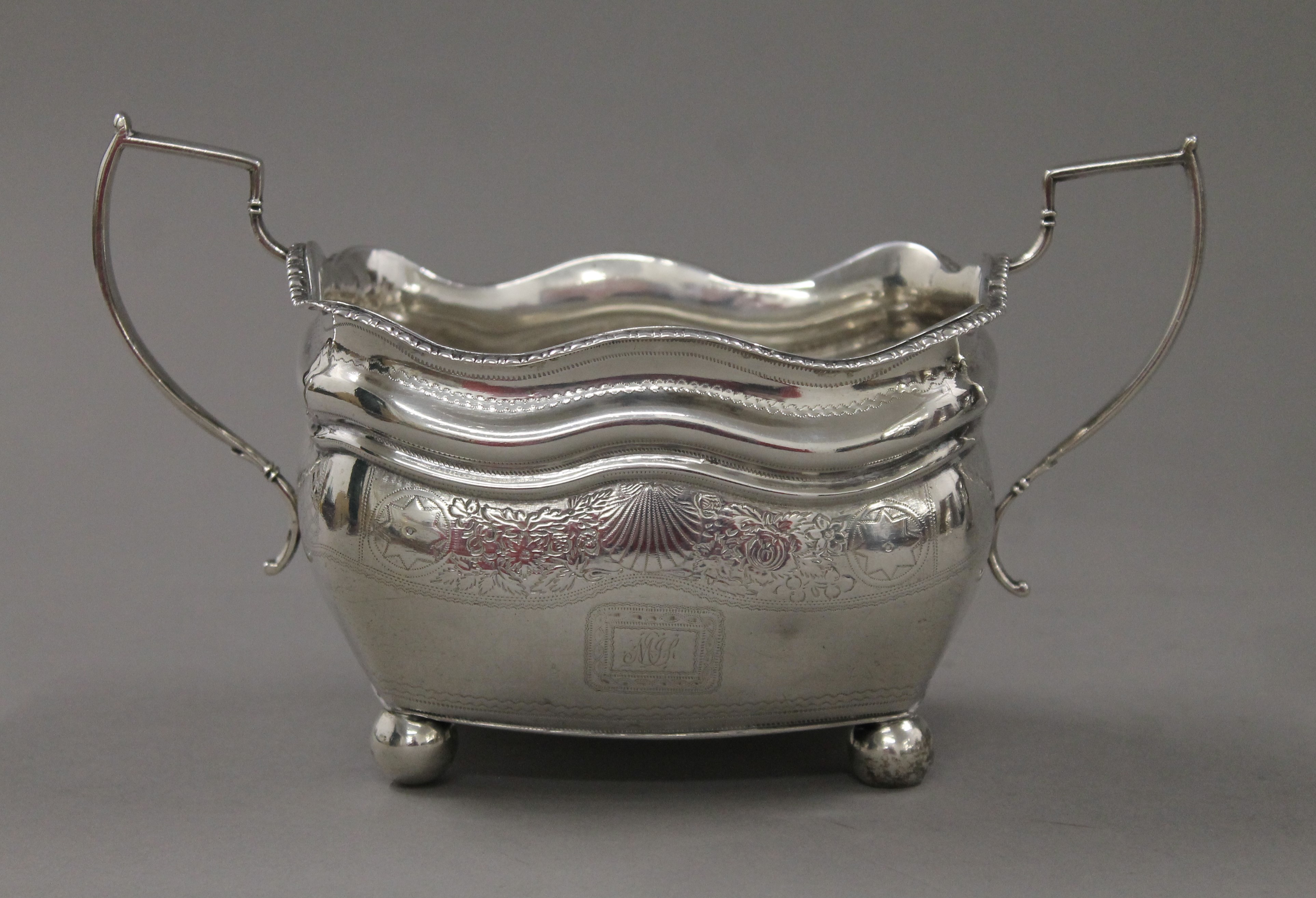 A Georgian Irish silver teapot and associated sugar bowl. The former 17 cm high. 918. - Image 8 of 14