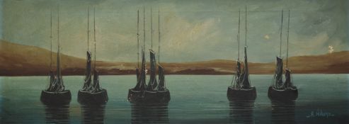 A WILLIAMS, Boats in a Bay, oil on canvas. 102 x 38 cm.