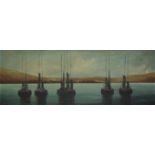 A WILLIAMS, Boats in a Bay, oil on canvas. 102 x 38 cm.