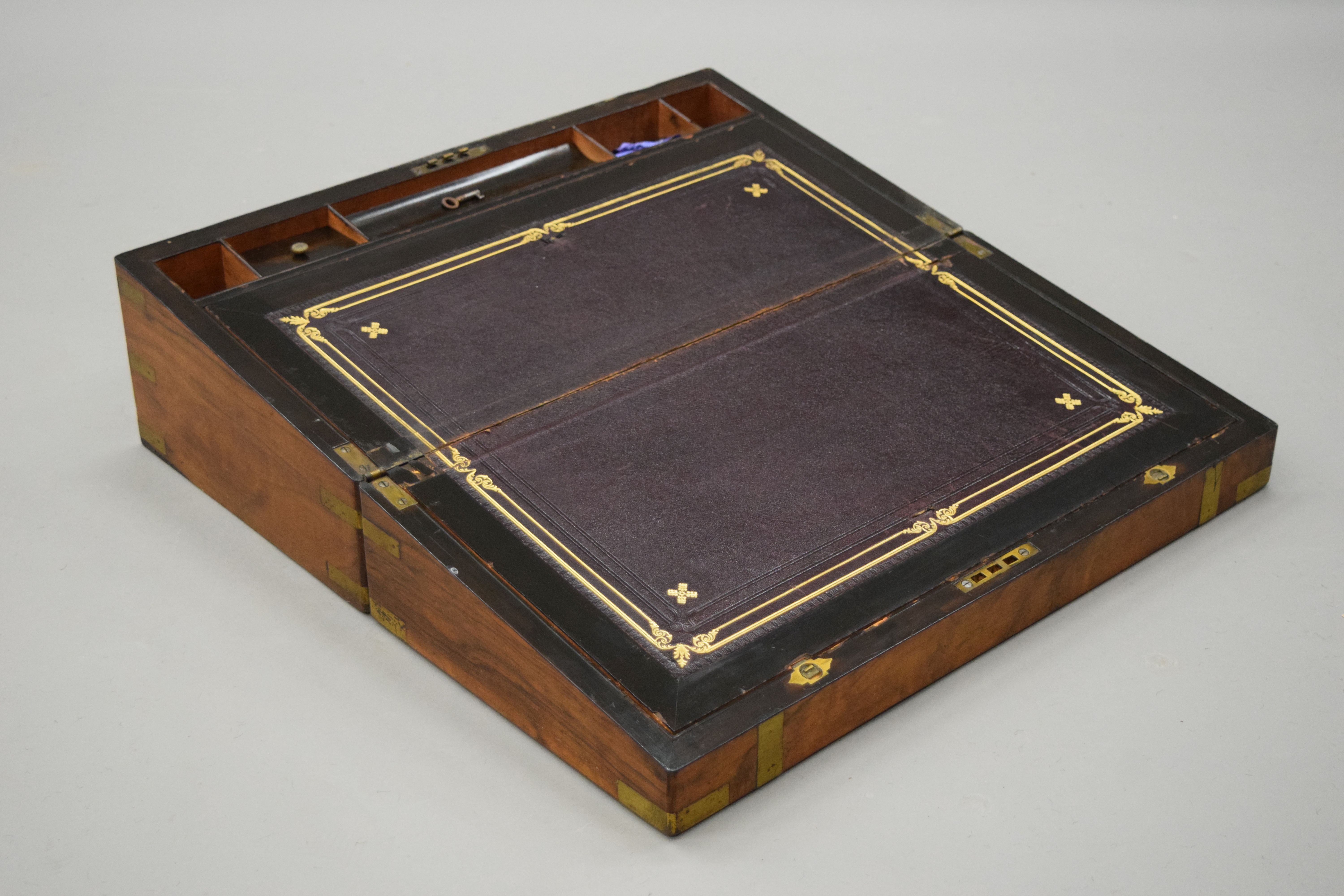 A Victorian brass bound walnut writing box. 50.5 cm wide. - Image 3 of 3