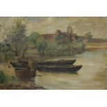 R LINFORT, Boats on a River with Church Beyond, oil on canvas, dated '27, framed. 68 x 47 cm.