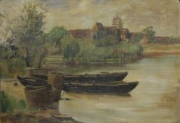R LINFORT, Boats on a River with Church Beyond, oil on canvas, dated '27, framed. 68 x 47 cm.