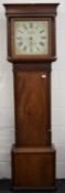 A 19th century oak and mahogany longcase clock, with replaced door. 208 cm high.