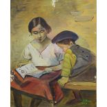 A Teacher and Child, oil on canvas, indistinctly signed, dated 1977, unframed. 40 x 50 cm.