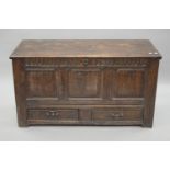 An 18th century oak mule chest. 120.5 cm long, 65.5 cm high, 51 cm deep.