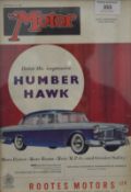 Three motoring interest colour advertising prints, 1957 60 Morris Isis, Humber Hawk and Jaguar,