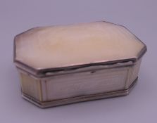 A 19th century unmarked white metal mounted carved mother-of-pearl box. 7.5 cm wide.