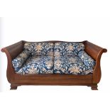 A So To Bed solid walnut sleigh form sofa bed. Approximately 184 cm long.