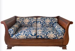 A So To Bed solid walnut sleigh form sofa bed. Approximately 184 cm long.