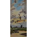 Ducks in Flight, oil on board, framed. 29 x 63 cm.