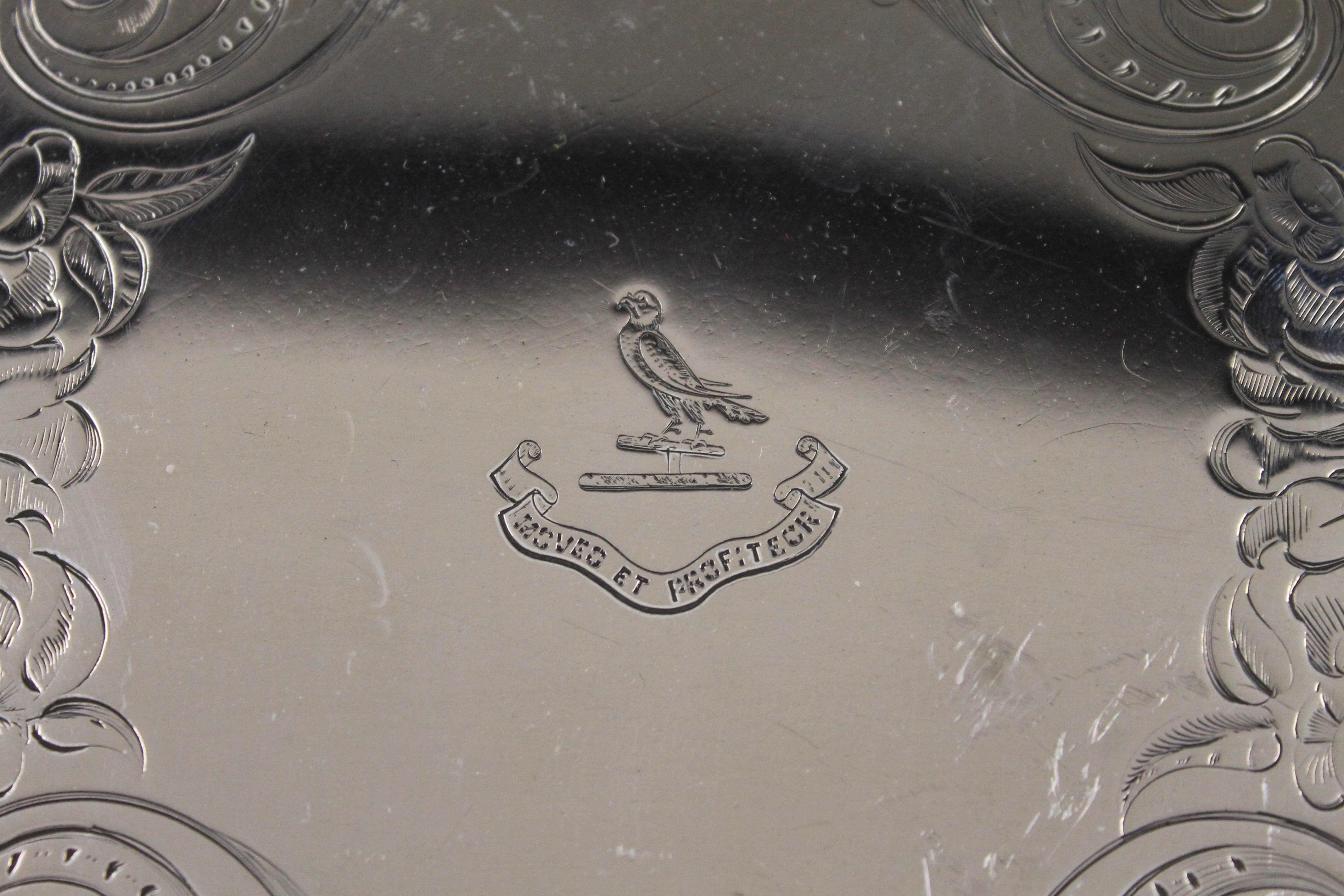A Victorian engraved silver salver. 30 cm wide. 784.1 grammes. - Image 4 of 7