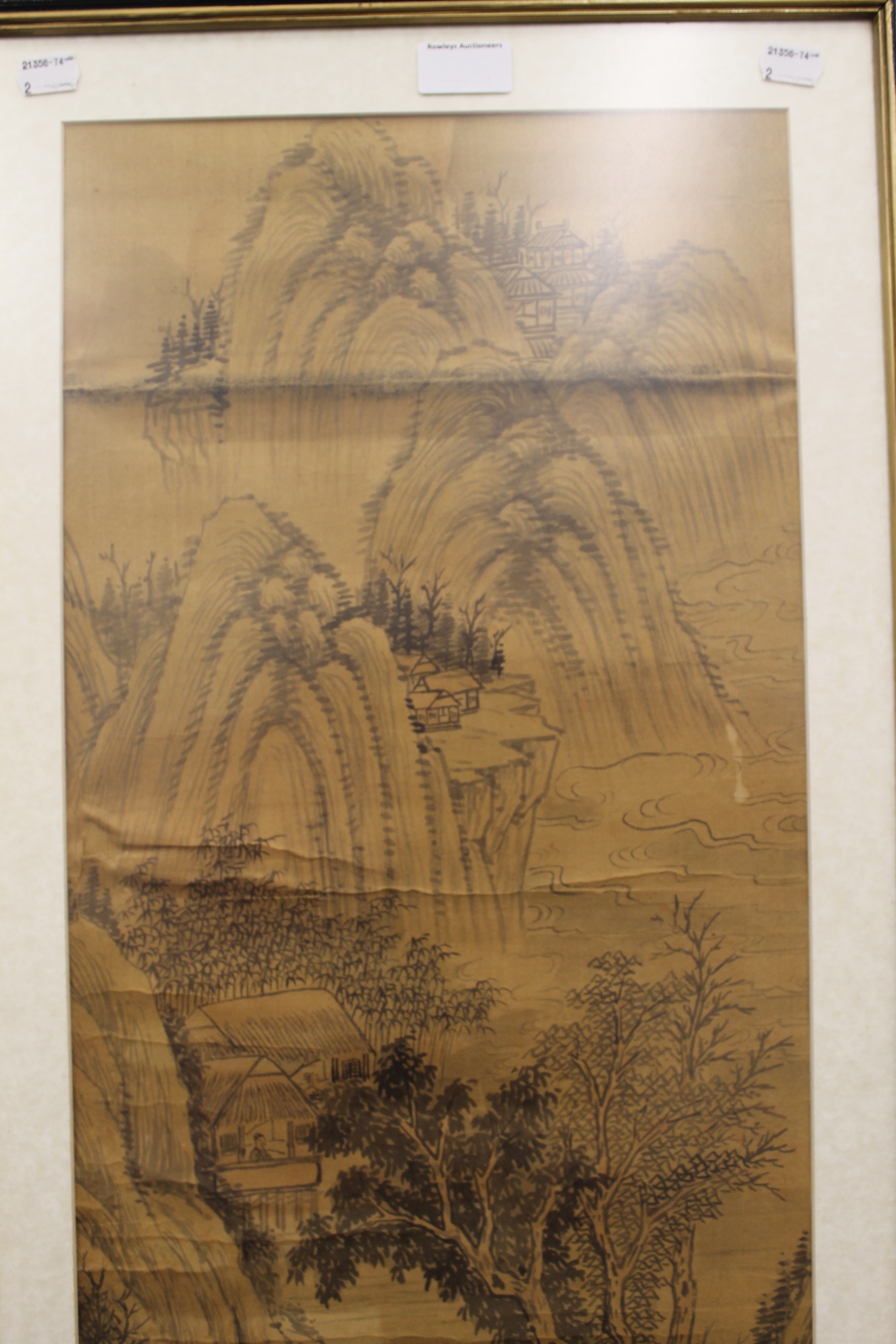 A 19th century Chinese silk scroll depicting Figures in a Mountainous Landscape, framed and glazed. - Image 4 of 9