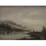 20TH CENTURY SCHOOL, River in a Hilly Landscape, oil on board, framed. 36 x 27 cm.