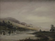 20TH CENTURY SCHOOL, River in a Hilly Landscape, oil on board, framed. 36 x 27 cm.
