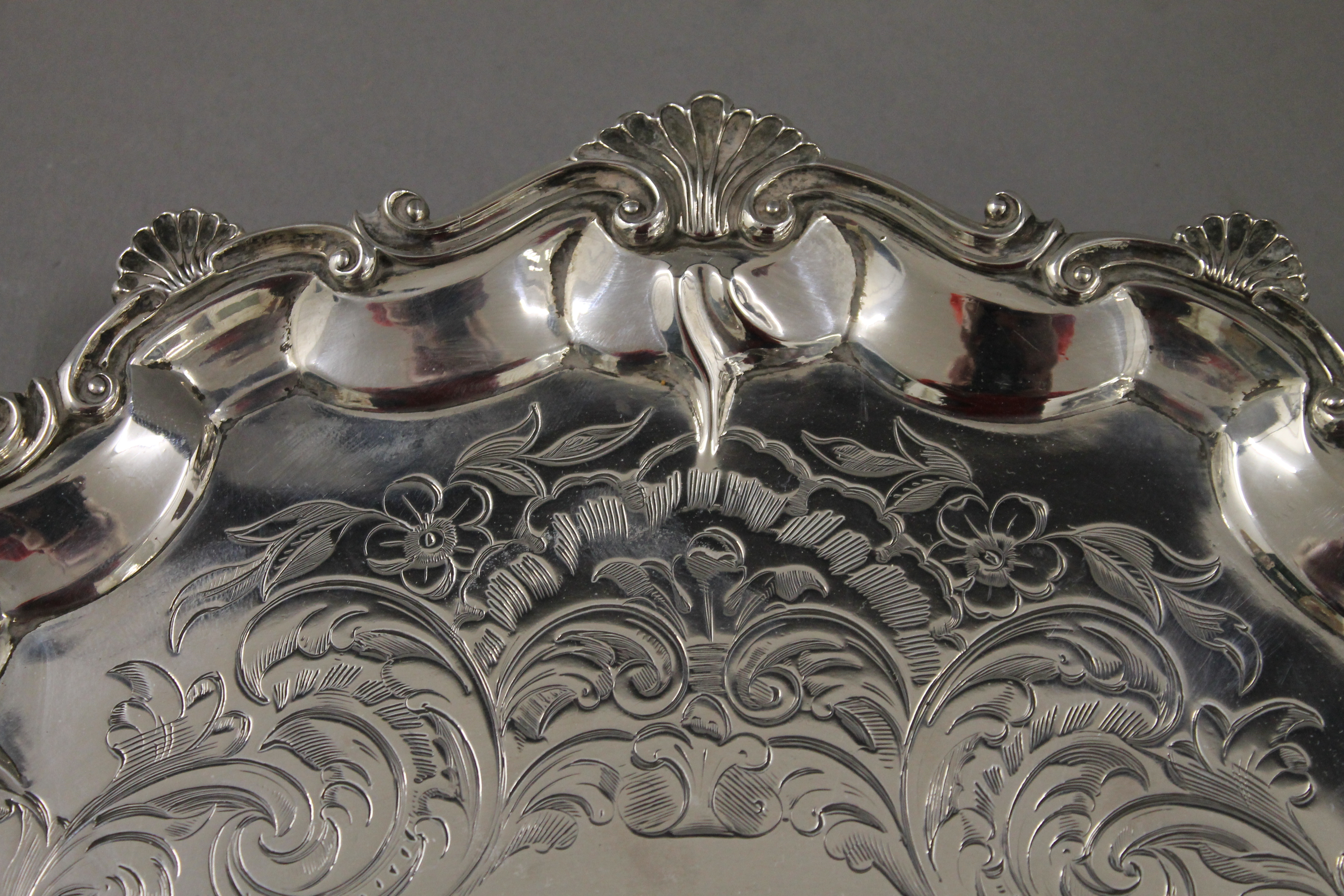 A Victorian engraved silver salver. 30 cm wide. 784.1 grammes. - Image 3 of 7