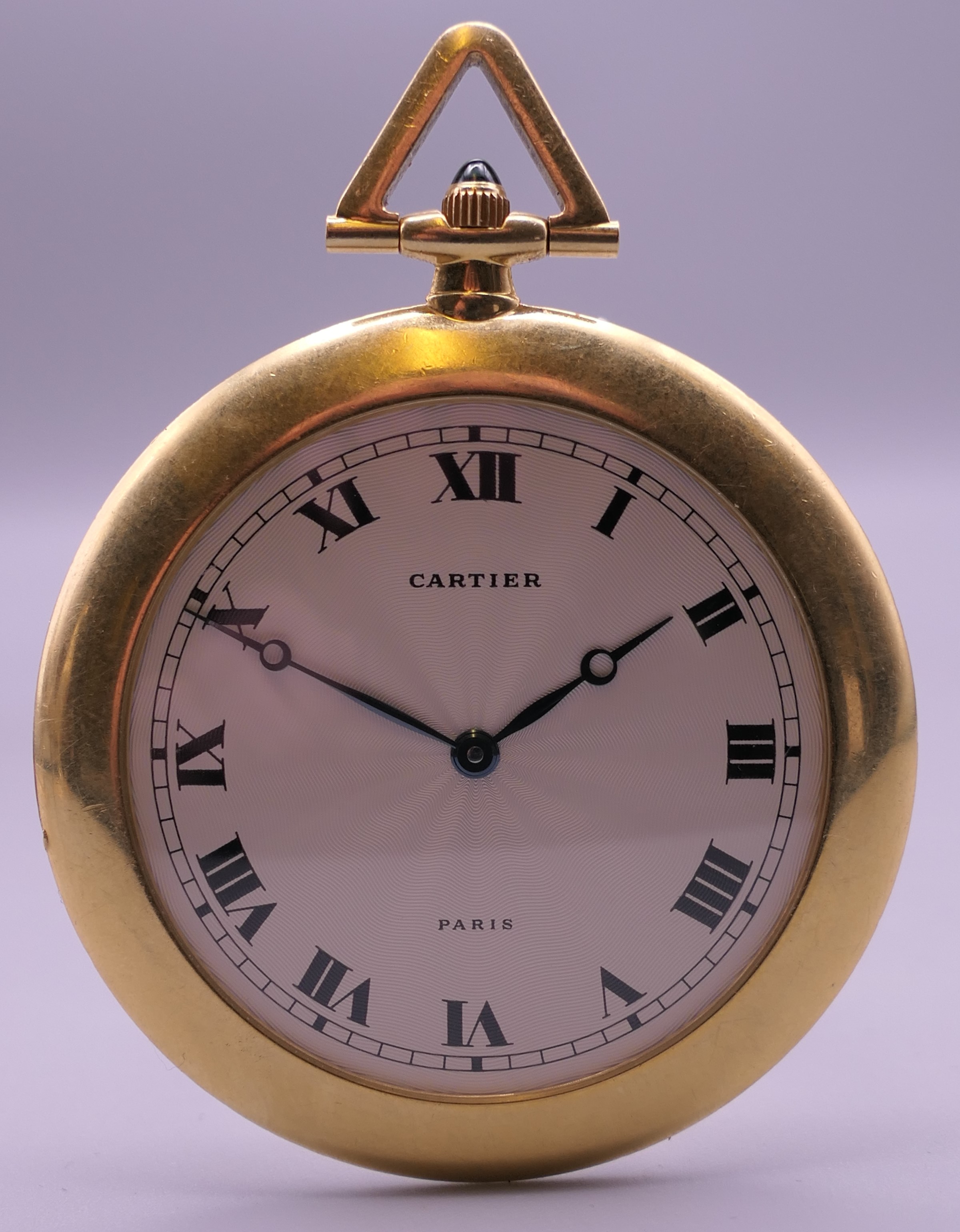 A Cartier 18 K gold open face keyless lever pocket watch, in Cartier box. 5 cm diameter. - Image 3 of 11