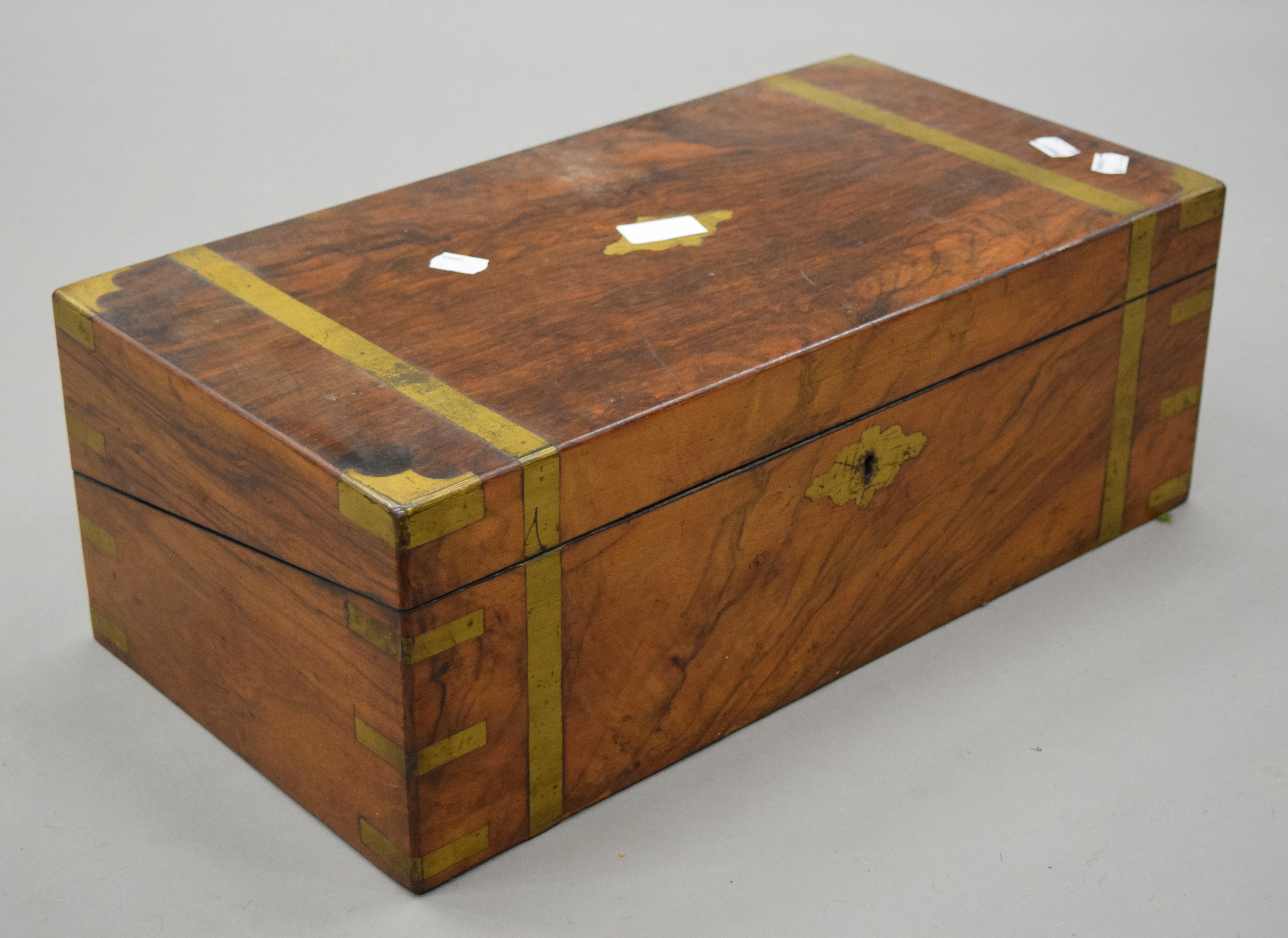 A Victorian brass bound walnut writing box. 50.5 cm wide. - Image 2 of 3