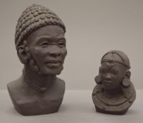 Two African terracotta busts, each signed to reverse. The largest 24 cm high.