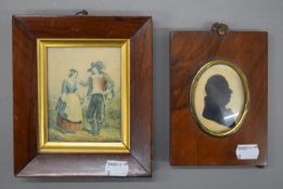 A 19th century walnut framed silhouette portrait and a rosewood framed print. The former 11 x 15 cm.